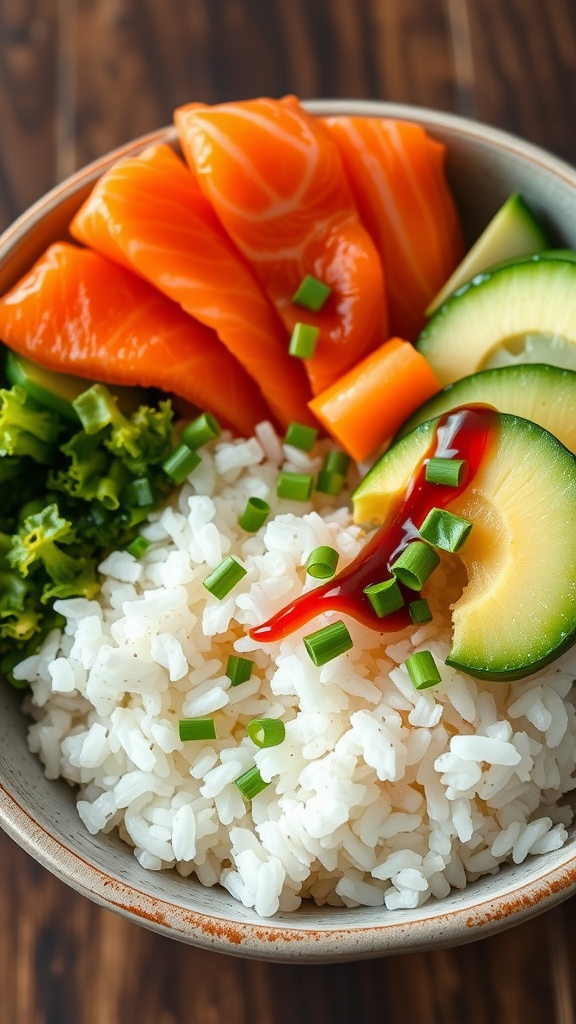 A delicious sushi bowl with salmon, avocado, cucumber, and carrots, garnished with sesame seeds on a rustic table.